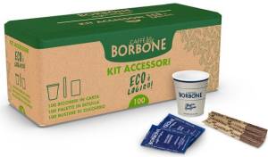 Borbone Kit Accessori ECOLogico 100pz Bicchierini di Carta + Palette Betulla + Bustine Zucchero